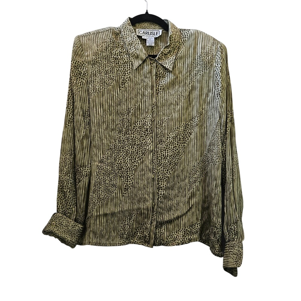 Carlisle‎ Button Down Shirt Womens 10 Thyme Green Silk Animal Print Blouse 12060